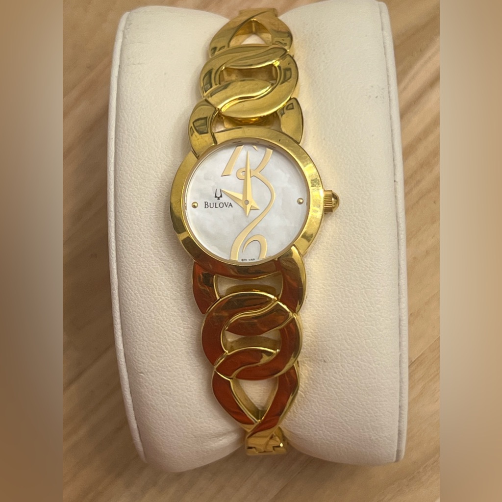 Bulova Ladies Watch Designer Gold Tone Bracelet Mother Of Pearl Dial